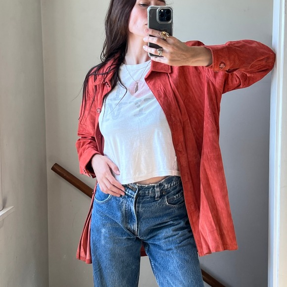 Vintage Suede Shirt Jacket Orange Western Style Oversized Button Down - Picture 1 of 10